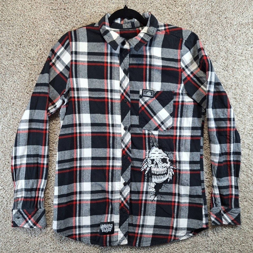 Lurking Class Shirt Mens M Multicolor Plaid Flannel Skull Graphic Skater Grunge